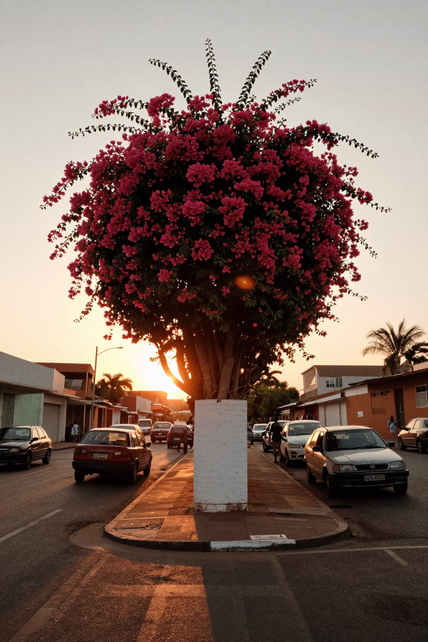 Vintage Johannesburg Street Scene at Sunset with Bougainvillea and Scooter Traffic in in Johannesburg, South Africa