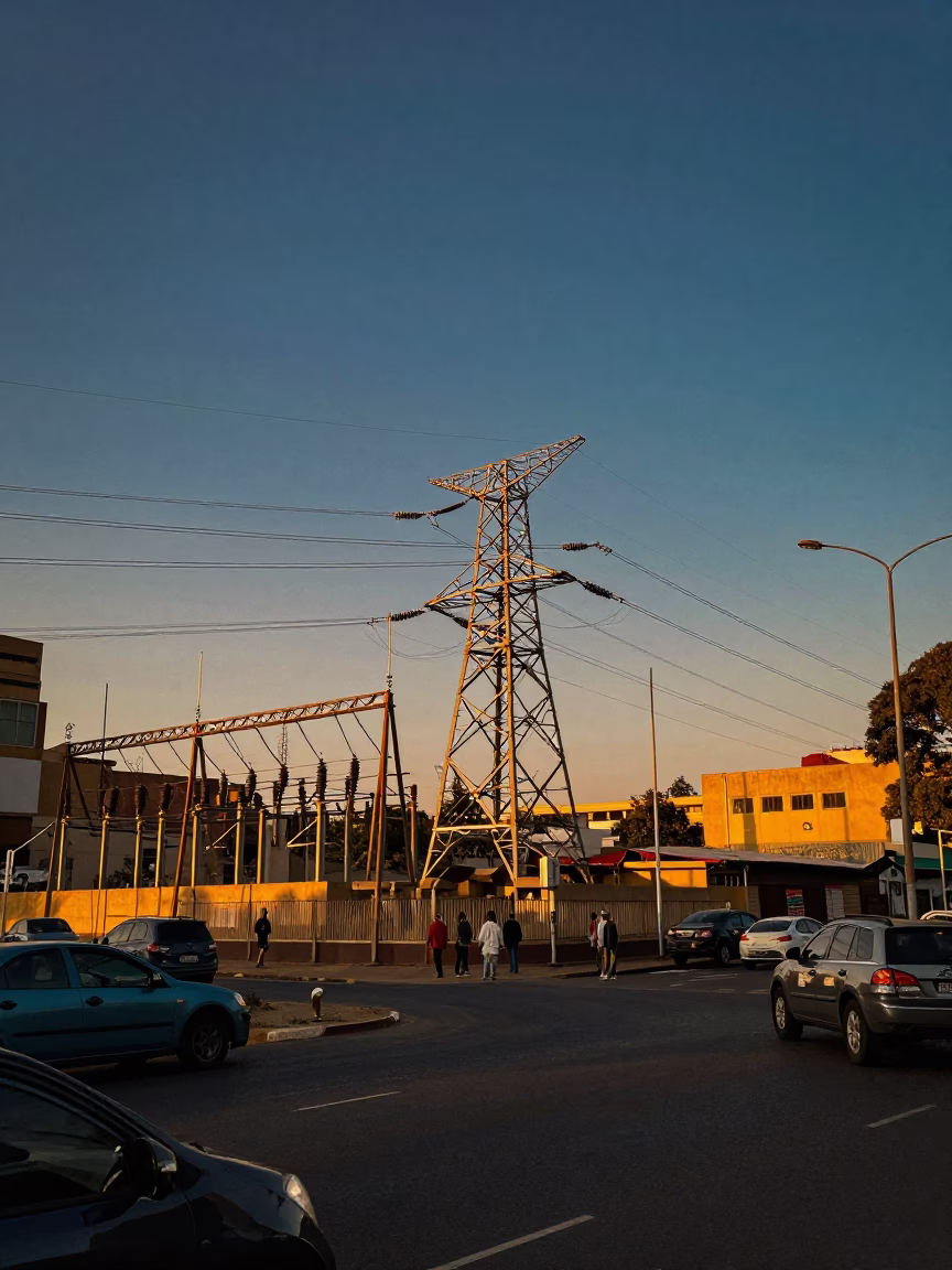 Vintage Johannesburg Sunset Street Scene with Power Substation Lattice and Urban Activity in in Johannesburg, South Africa