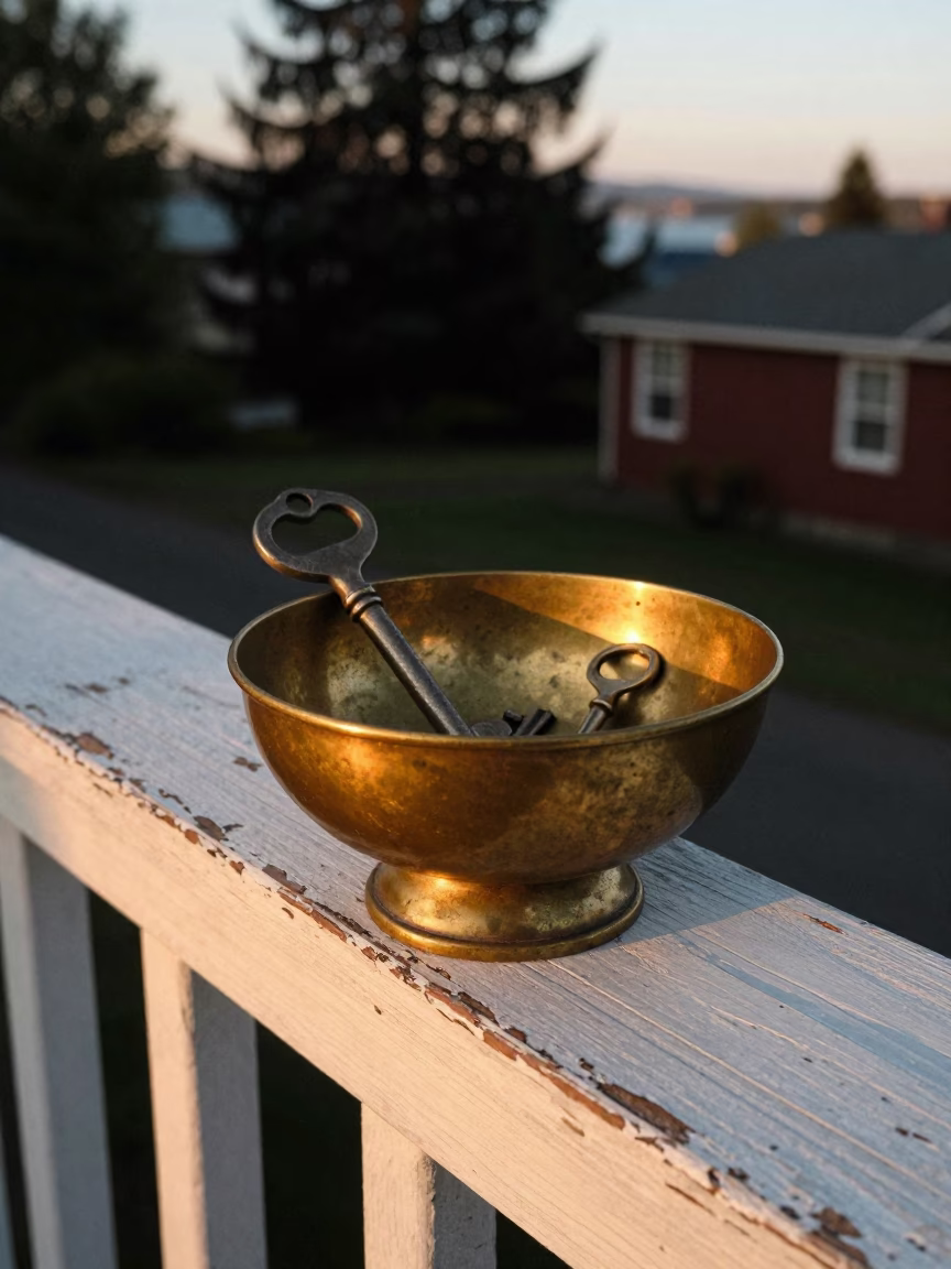 Vintage Key Bowl on Porch Railing at Sunset in Portland Oregon Cityscape Background in in Portland, Oregon, United States