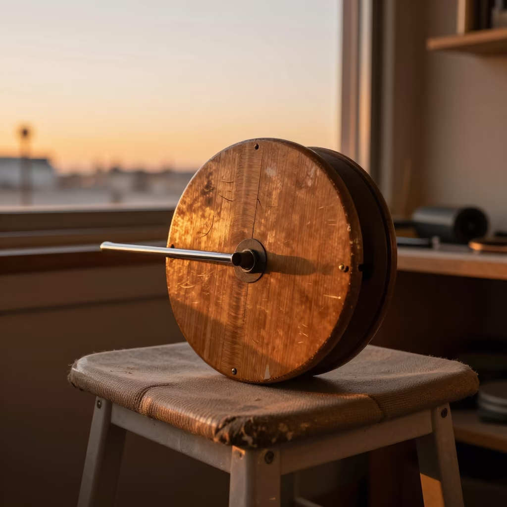 Vintage Kite Reel on Canvas Stool in Amber Sunset Light in on a workshop shelf in Venice Beach, Los Angeles
