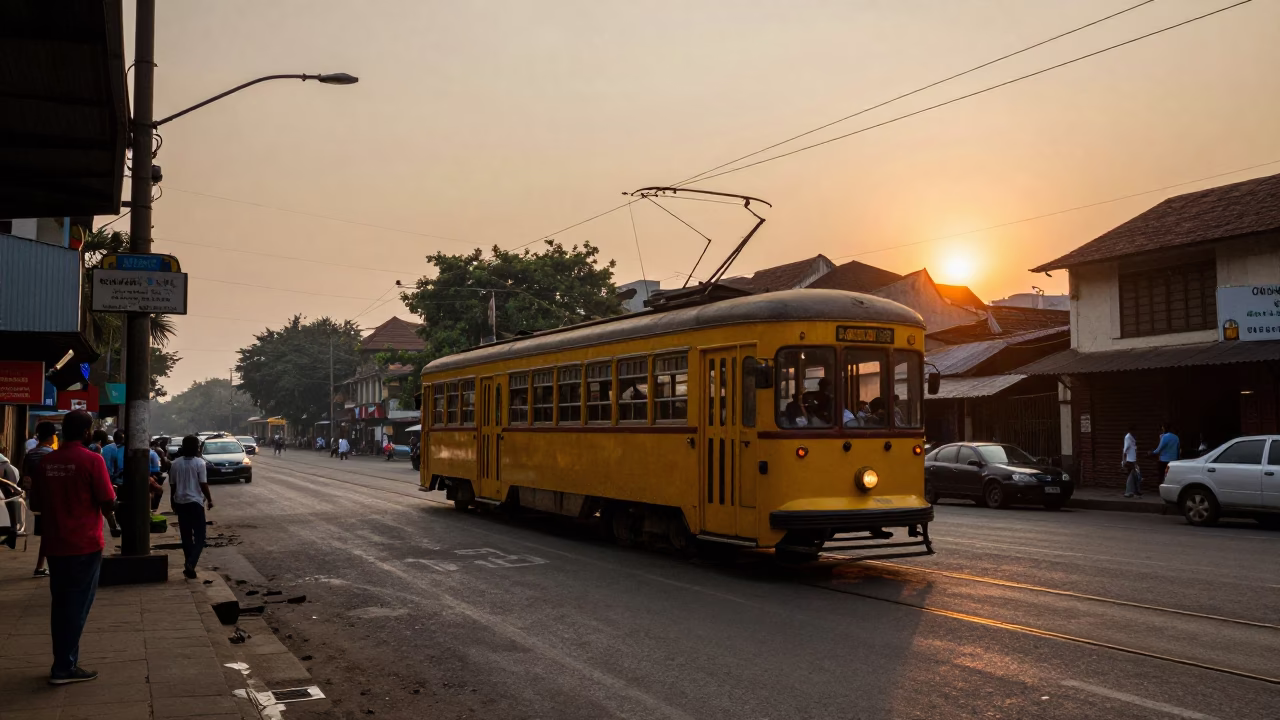 Vintage Kolkata Street Scene at Dusk with Yellow Trams and Bustling Traffic in in Kolkata, India