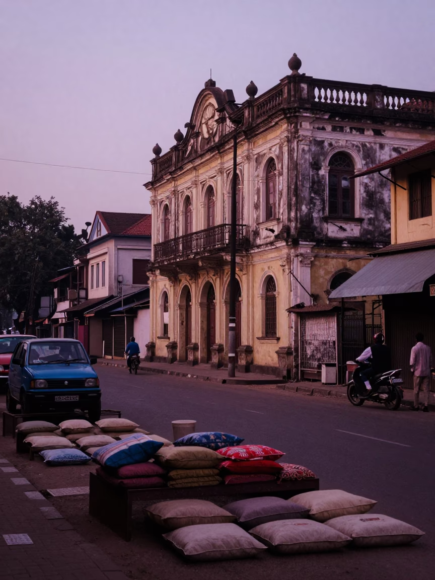 Vintage Kolkata Street Scene Before Dawn with Cushions and Local Life in in Kolkata, India