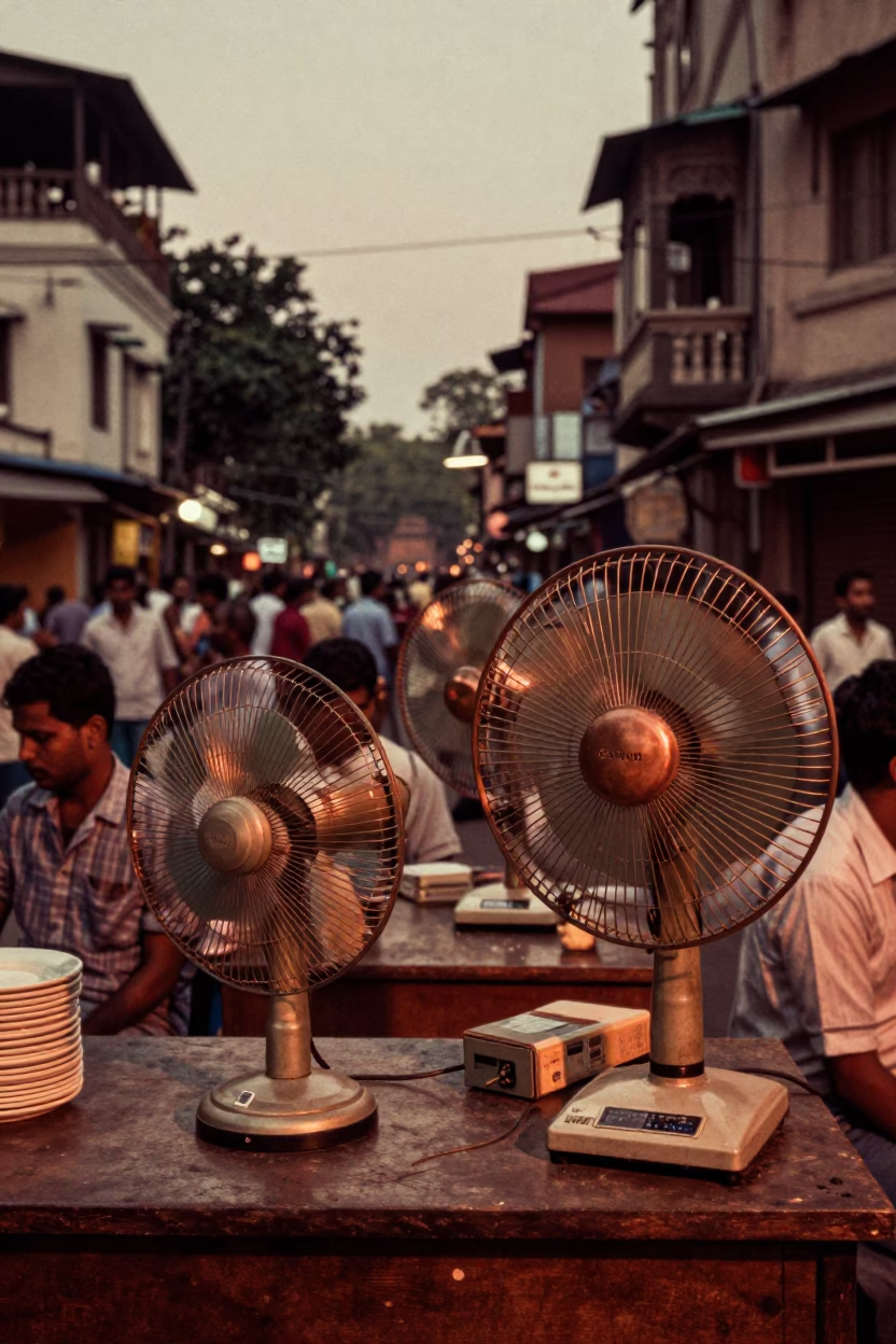 Vintage Kolkata Street Scene Before Dusk with Table Fans and Local Market Activity in in Kolkata, India
