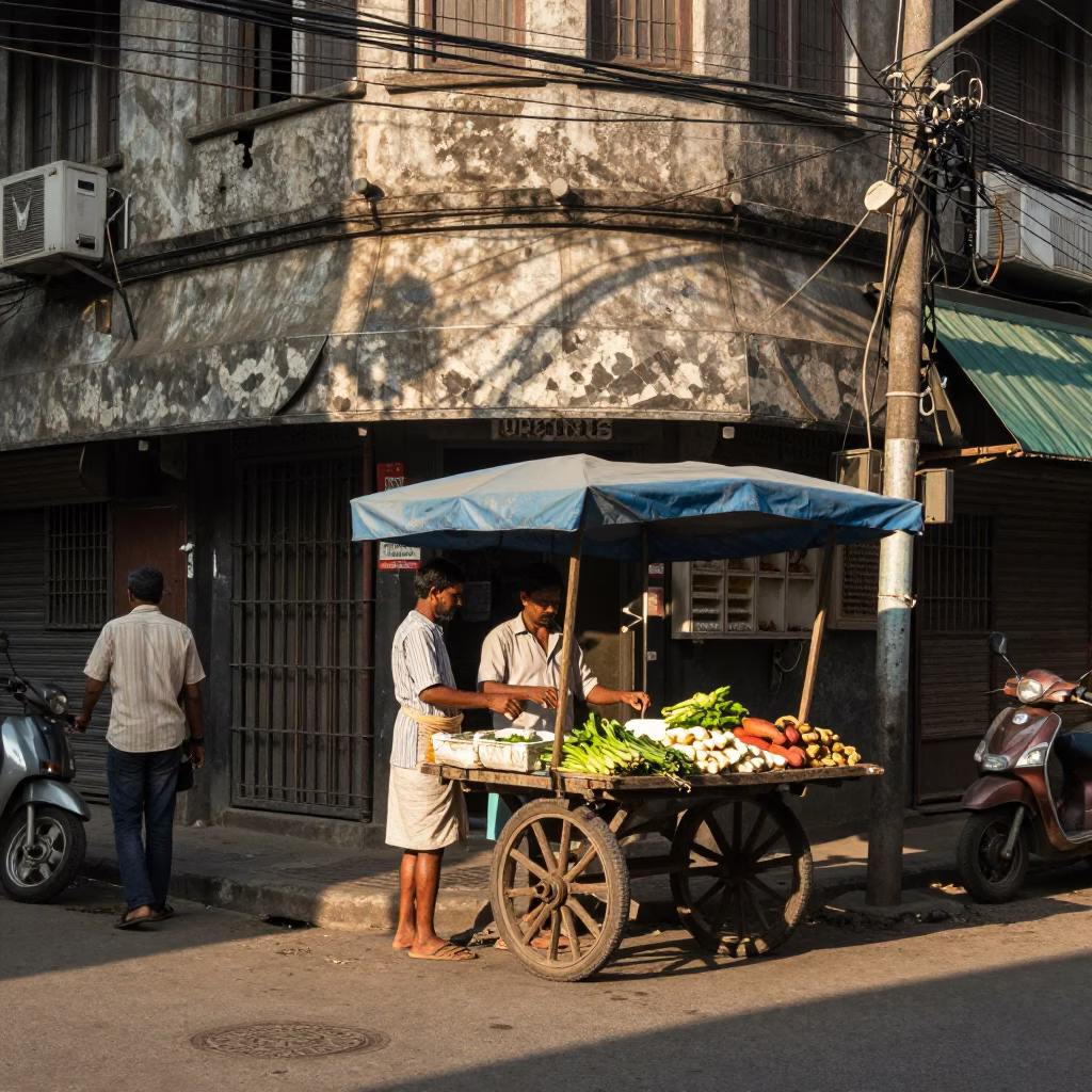 Vintage Kolkata Street Scene Late Afternoon Light with Sun Hats and Carafe in in Kolkata, India