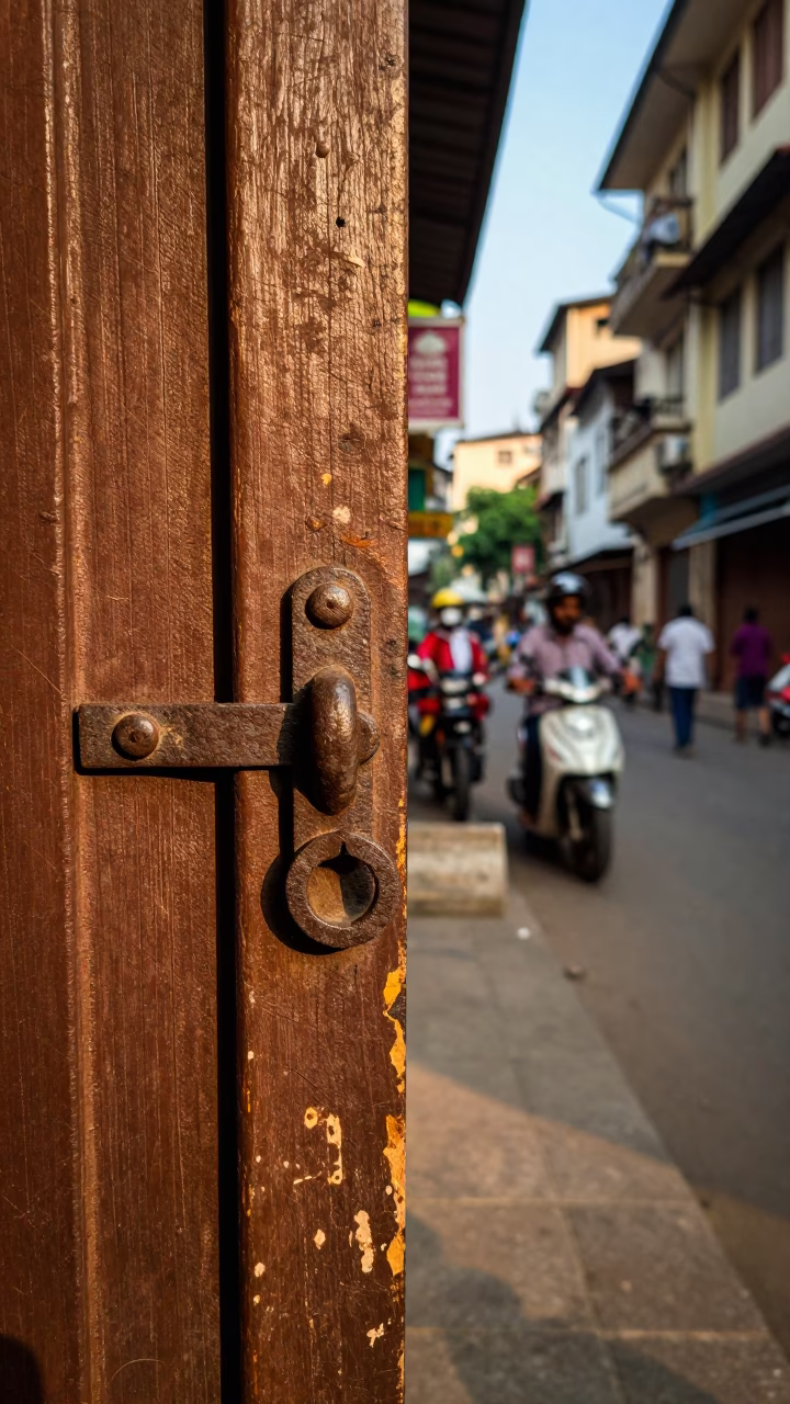 Vintage Kolkata Street Scene Late Afternoon with Iron Deadbolt and Pendulum in in Kolkata, India