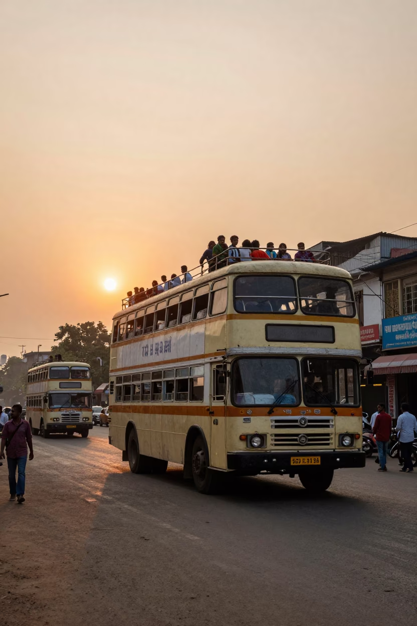 Vintage Kolkata Street Scene with Double-Decker Bus at Sunset Horizon in in Kolkata, India