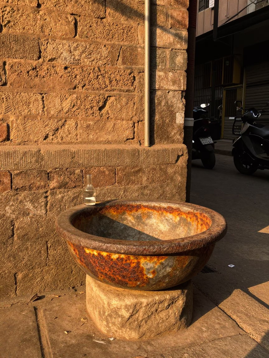 Vintage Kolkata Street Scene with Rusty Basin and Paperweight in Honeyed Evening Light in in Kolkata, India