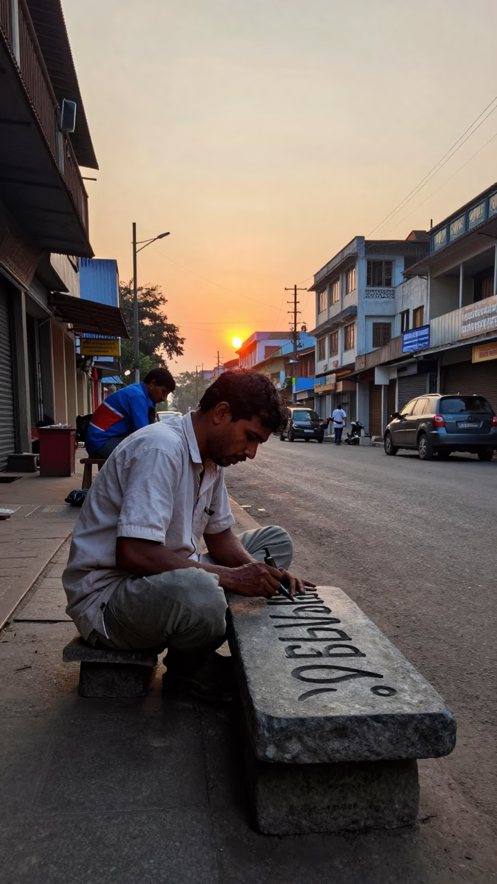 Vintage Kolkata Street Scene with Stone Mason Carving Letters at Sunset in in Kolkata, India