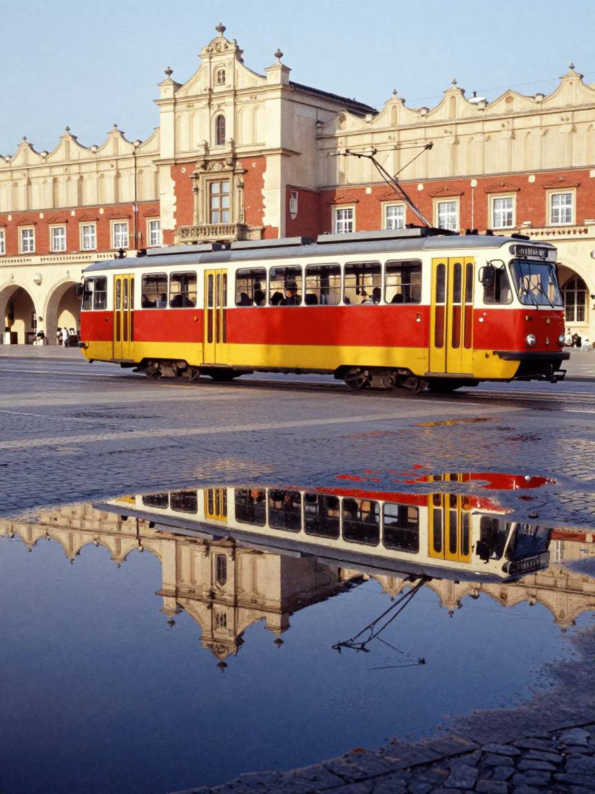 Vintage Krakow Street Scene with Red Tram Reflection on Wet Cobblestones in in Krakow, Poland