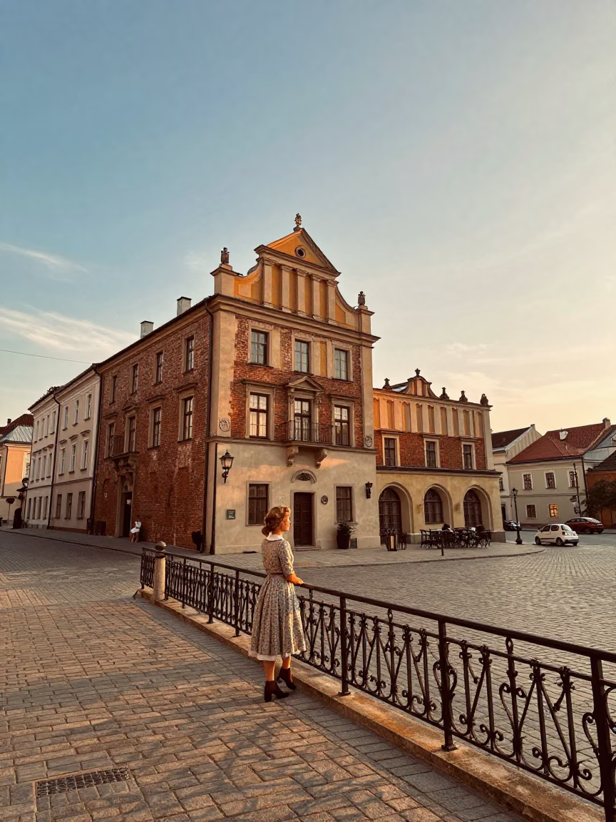Vintage Krakow Sunset Street Scene with Traditional Architecture and Local Daily Life in in Krakow, Poland