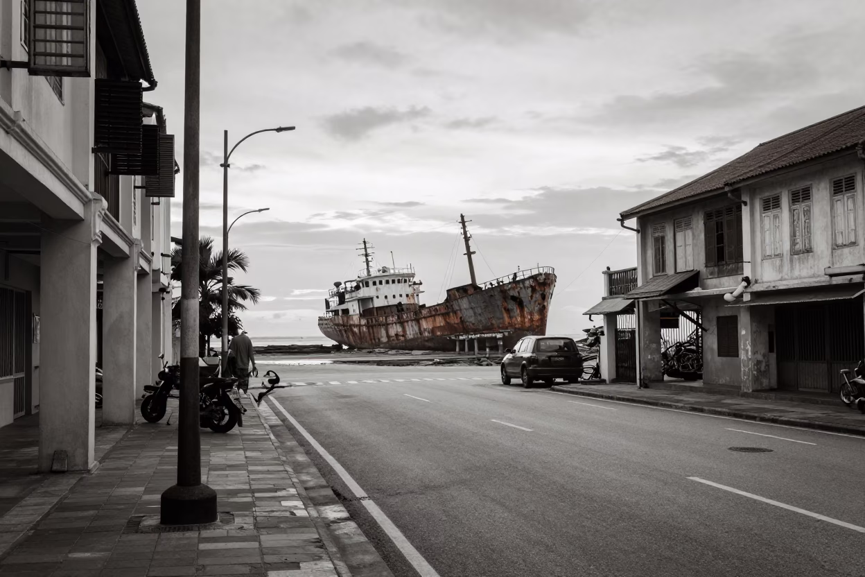 Vintage Kuala Lumpur Dawn Street Scene with Rusting Ship Remnants and Bridge Maintenance Cage in in Kuala Lumpur, Malaysia