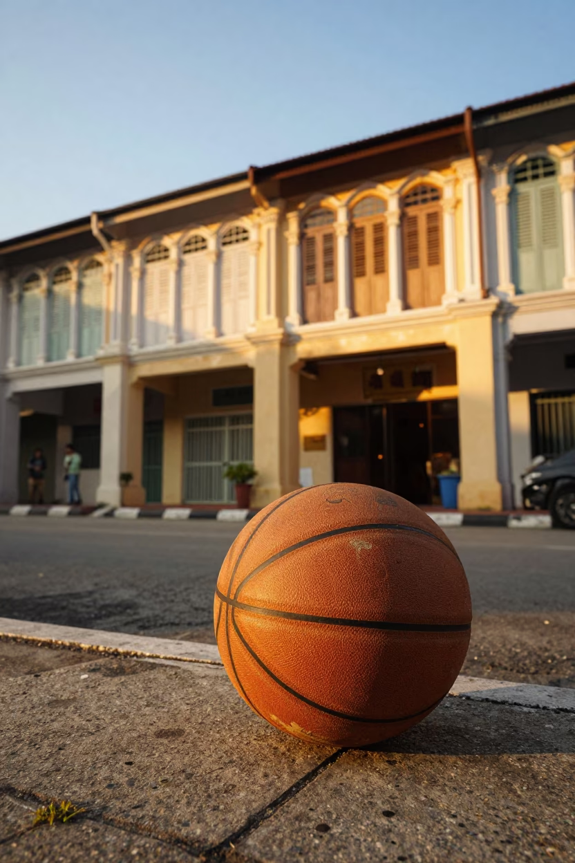 Vintage Kuala Lumpur Street Scene with Old Leather Basketball in Honeyed Evening Light in in Kuala Lumpur, Malaysia