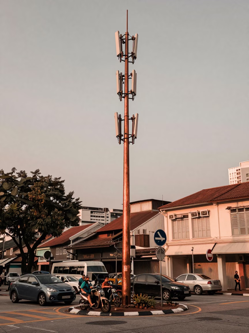 Vintage Kuala Lumpur street scene with telecommunication mast in copper dusk light in in Kuala Lumpur, Malaysia