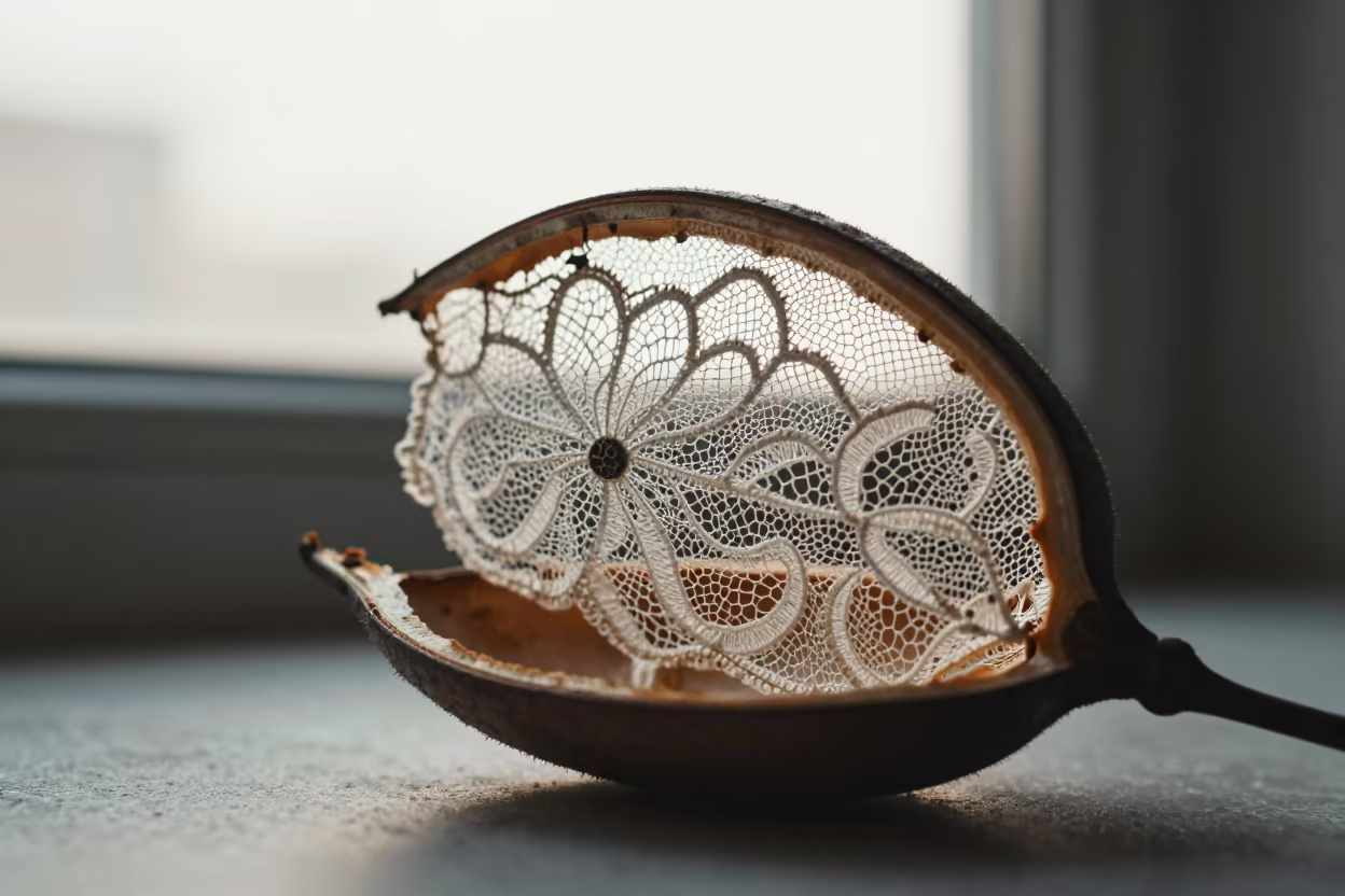 Vintage Lace Detail Inside Split Seed Pod Chengdu in inside a seed pod split open in Chengdu