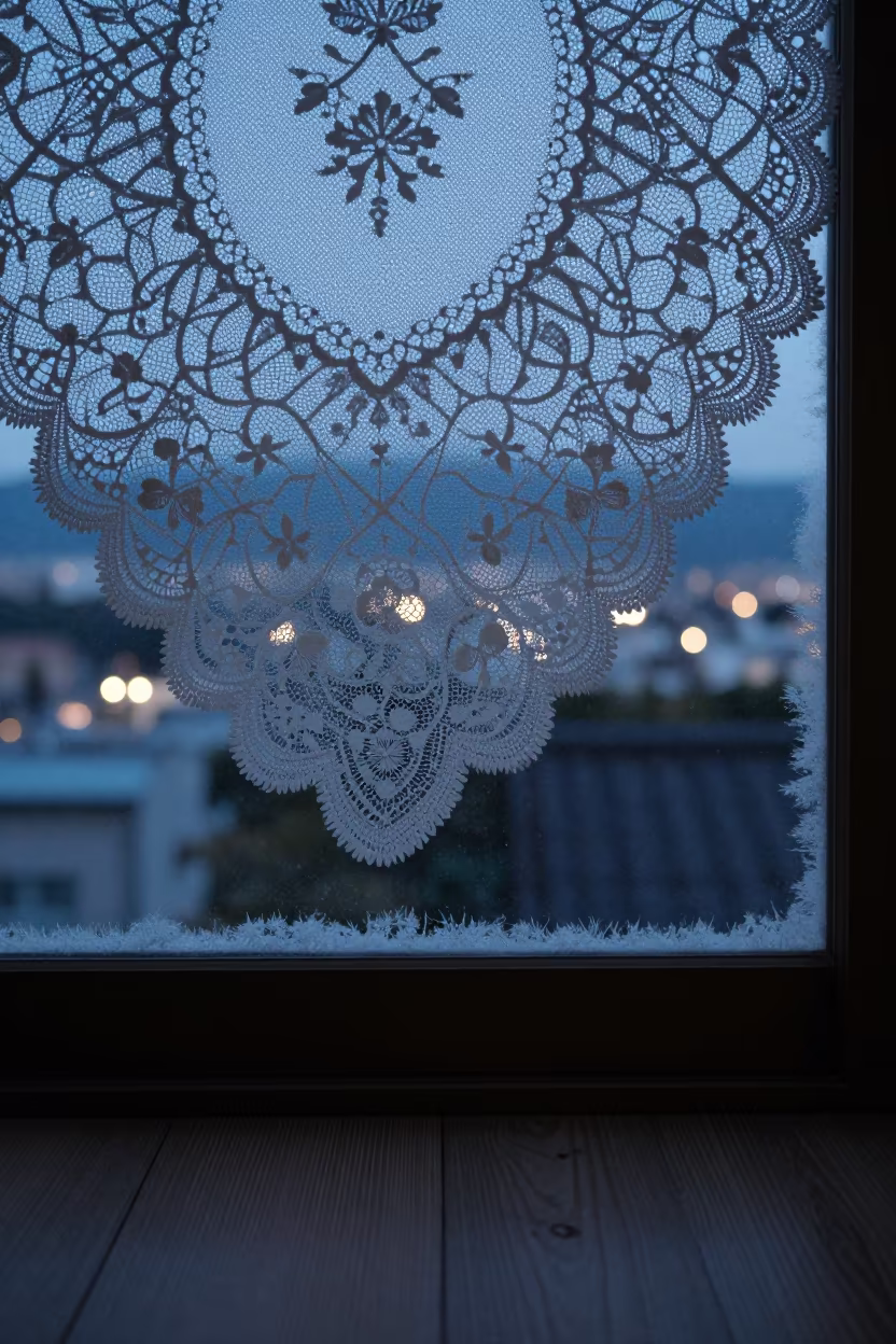 Vintage Lace Macro on Kamakura Window in along a frost-edged windowpane in Kamakura