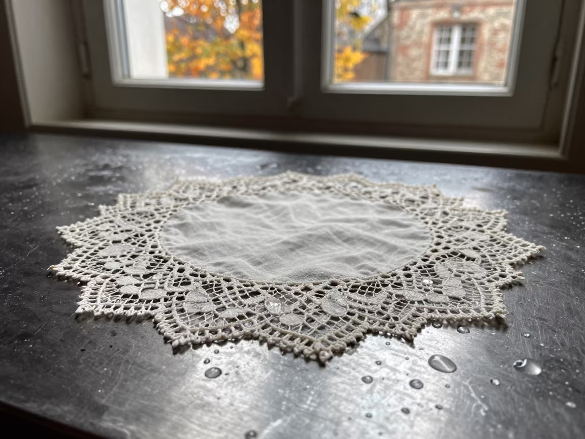Vintage Lace Pattern on Rain Beaded Metal in across a rain-beaded metal surface in Hanover