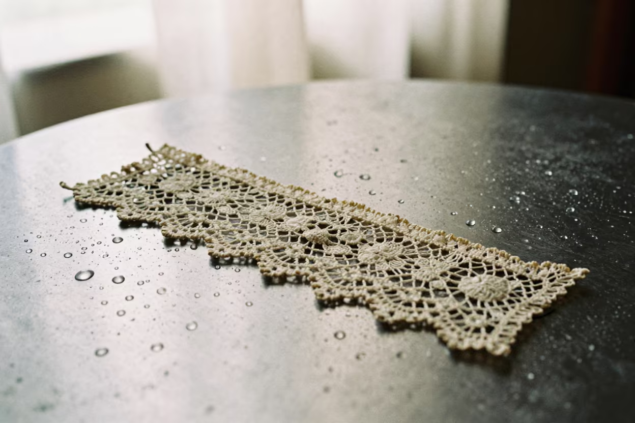 Vintage Lace Pattern on Rain Beaded Metal in across a rain-beaded metal surface in Pune