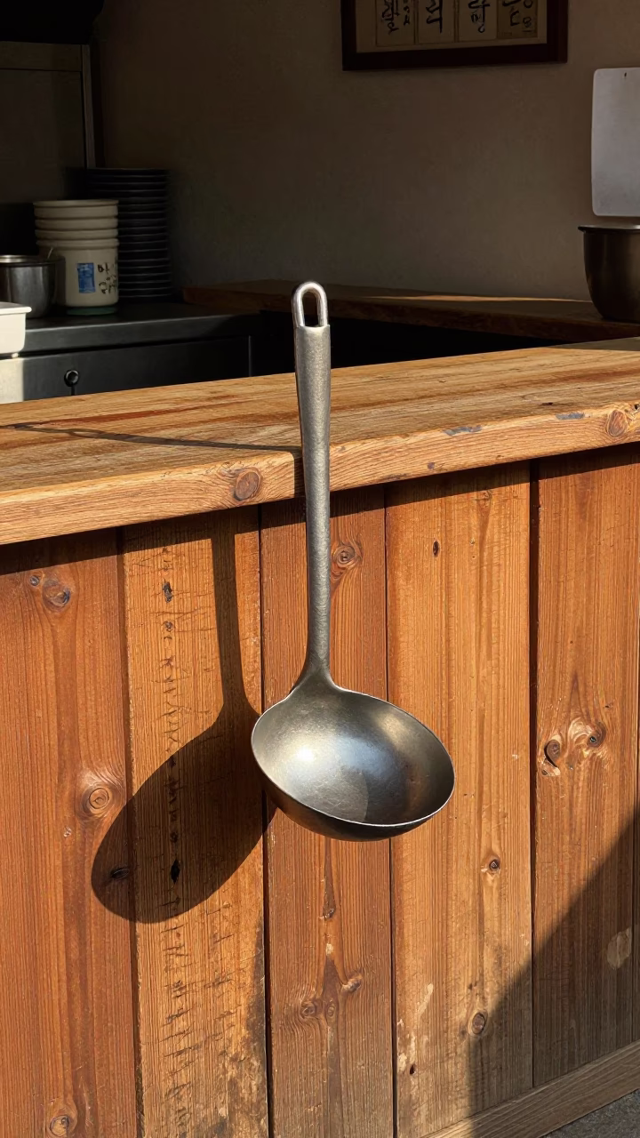 Vintage Ladle Resting on Worn Wooden Counter in Seoul Late Afternoon in in Seoul, South Korea