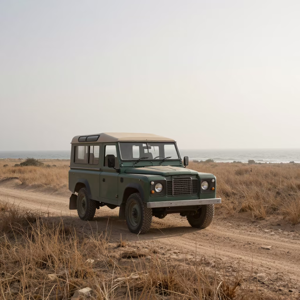 Vintage Land Rover on Tunisian Safari Trail in in Tunisia
