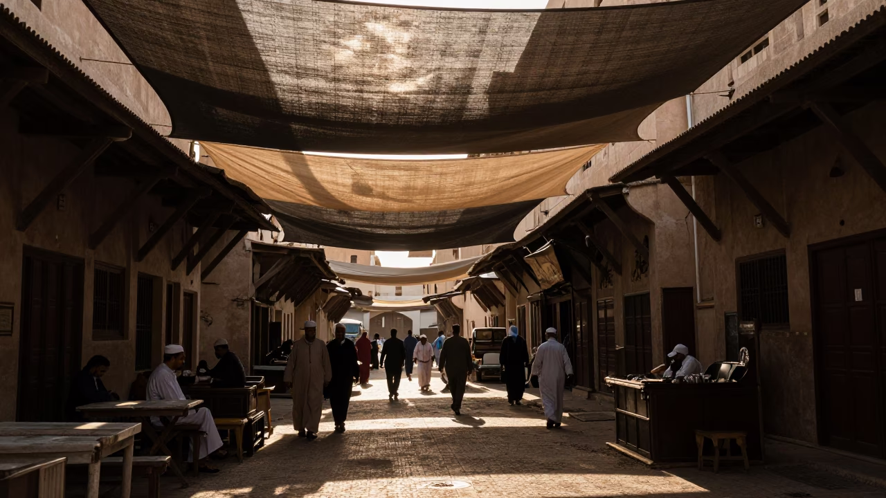 Vintage Late Afternoon Street Scene in Muscat Oman with Traditional Souq Activity in in Muscat, Oman