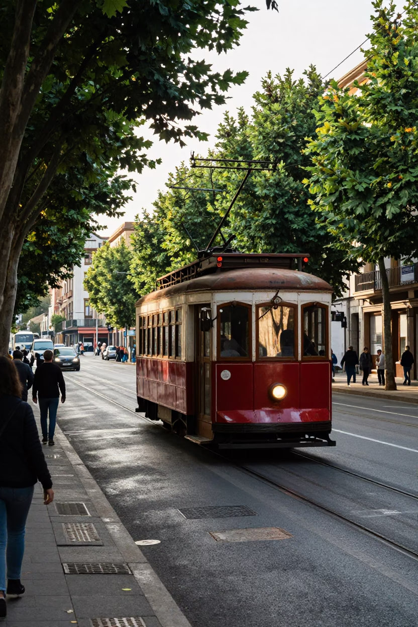 Vintage Late Morning Street Scene in Bilbao Spain with Old Trolley in in Bilbao, Spain