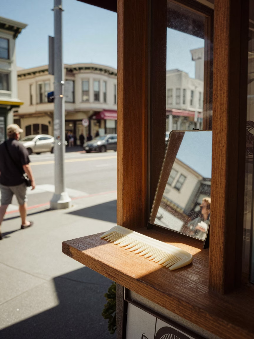 Vintage late morning street scene in San Francisco with comb and tea stained mirror in in San Francisco, California, United States
