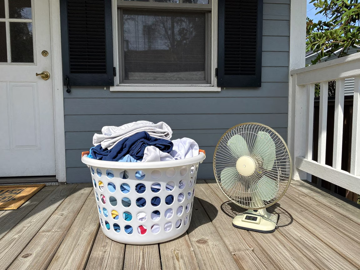 Vintage Laundry Basket and Table Fan on Nashville Tennessee Porch in Bright Midmorning Light in in Nashville, Tennessee, United States