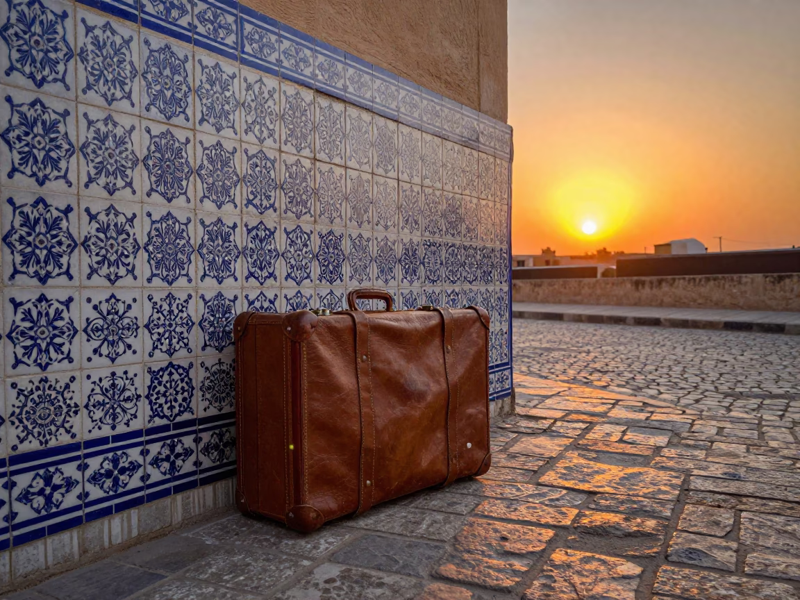 Vintage Leather Suitcases and Majolica Tiles in Fez Morocco Sunset in in Fez, Morocco
