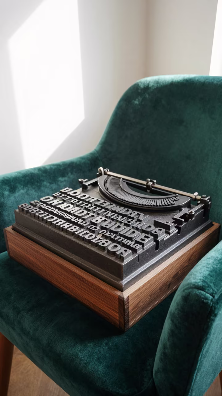 Vintage Letterpress Lead Type on Velvet Chair in on a velvet chair near Baghdad