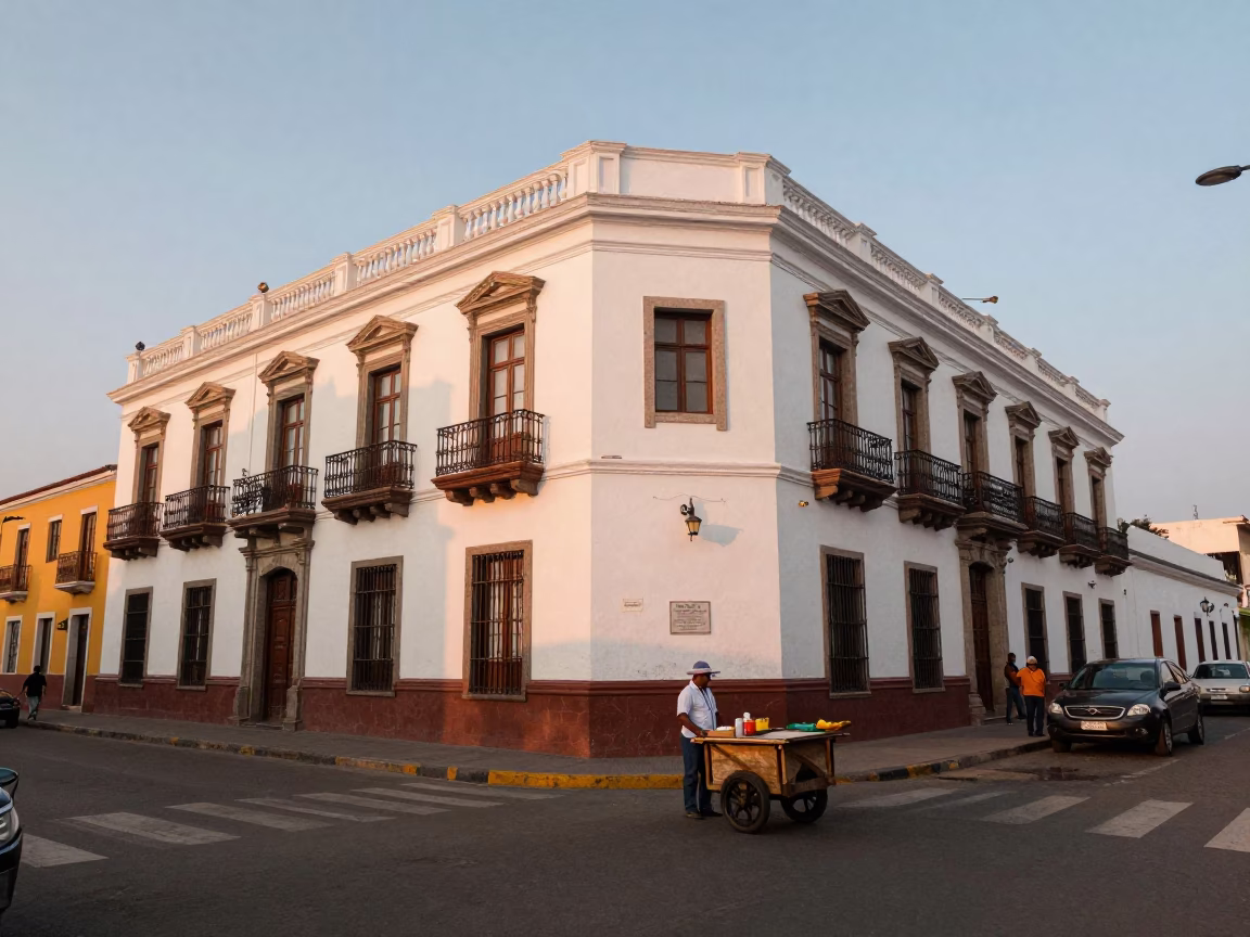 Vintage Lima Street Scene Early Evening with Colorful Architecture and Local Commerce in in Lima, Peru