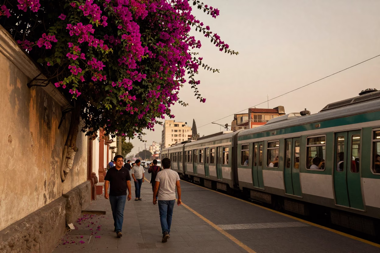 Vintage Lima Street Scene with Bougainvillea and Metro Train at Dusk in in Lima, Peru