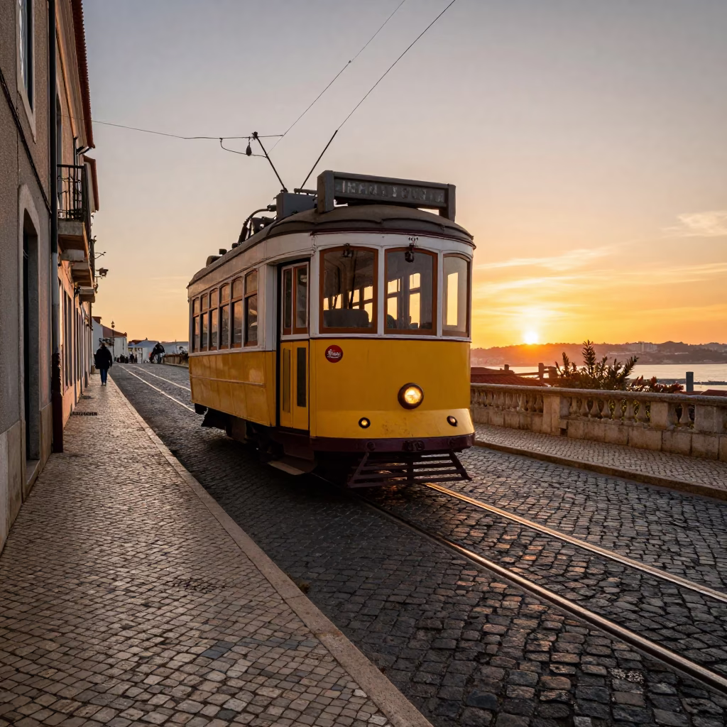 Vintage Lisbon Sunset Heritage Tram on Cobblestone Street with Ferry Ramp in in Lisbon, Portugal
