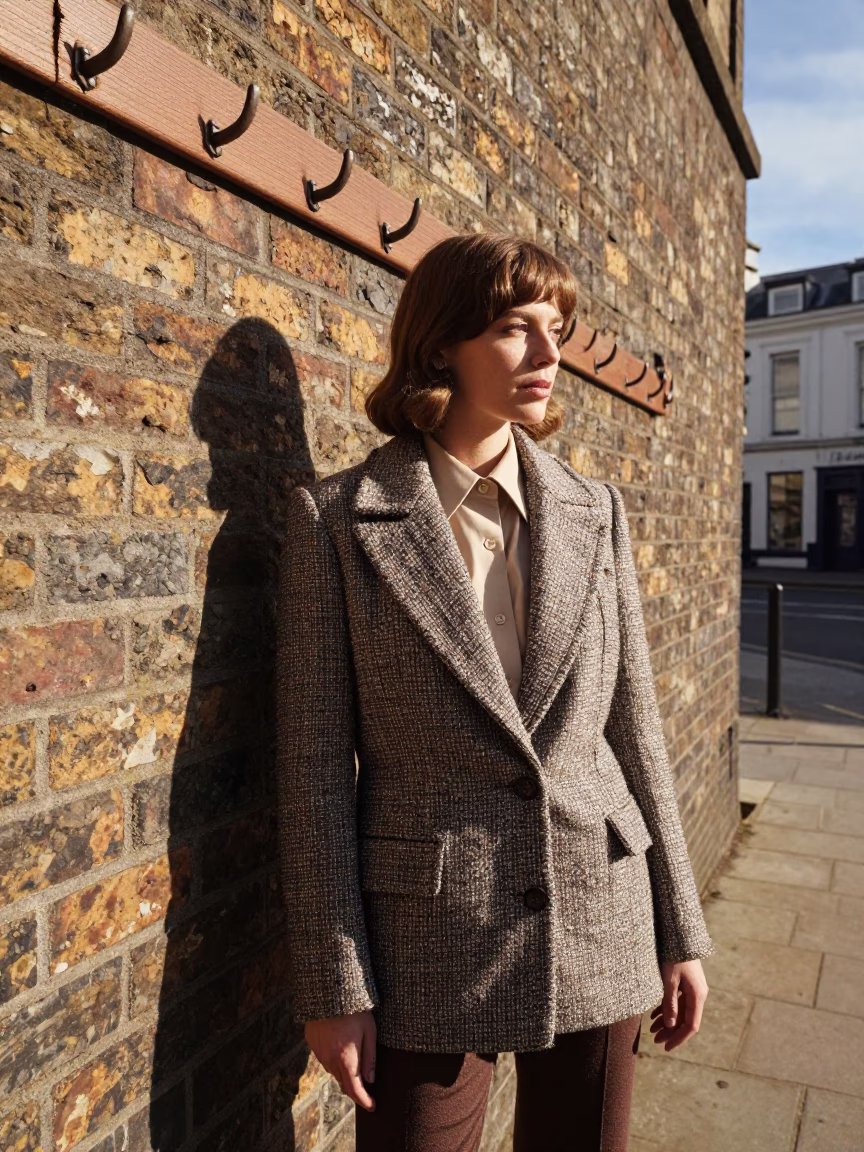 Vintage Liverpool Street Fashion Portrait with Coat Hook Detail Late Morning in in Liverpool, United Kingdom
