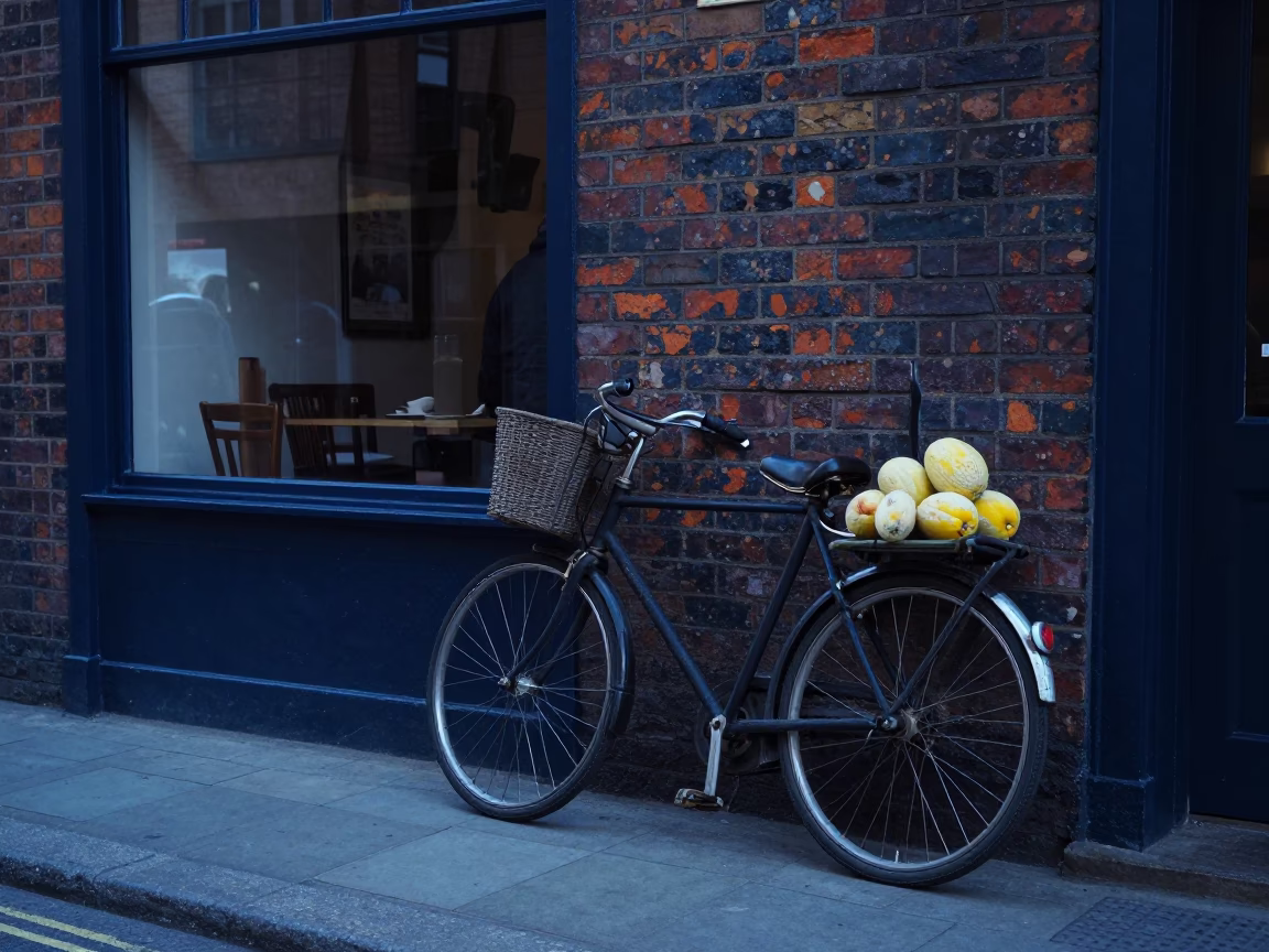 Vintage Liverpool Street Scene with Bicycle and Melons in Evening Blue Light in in Liverpool, United Kingdom