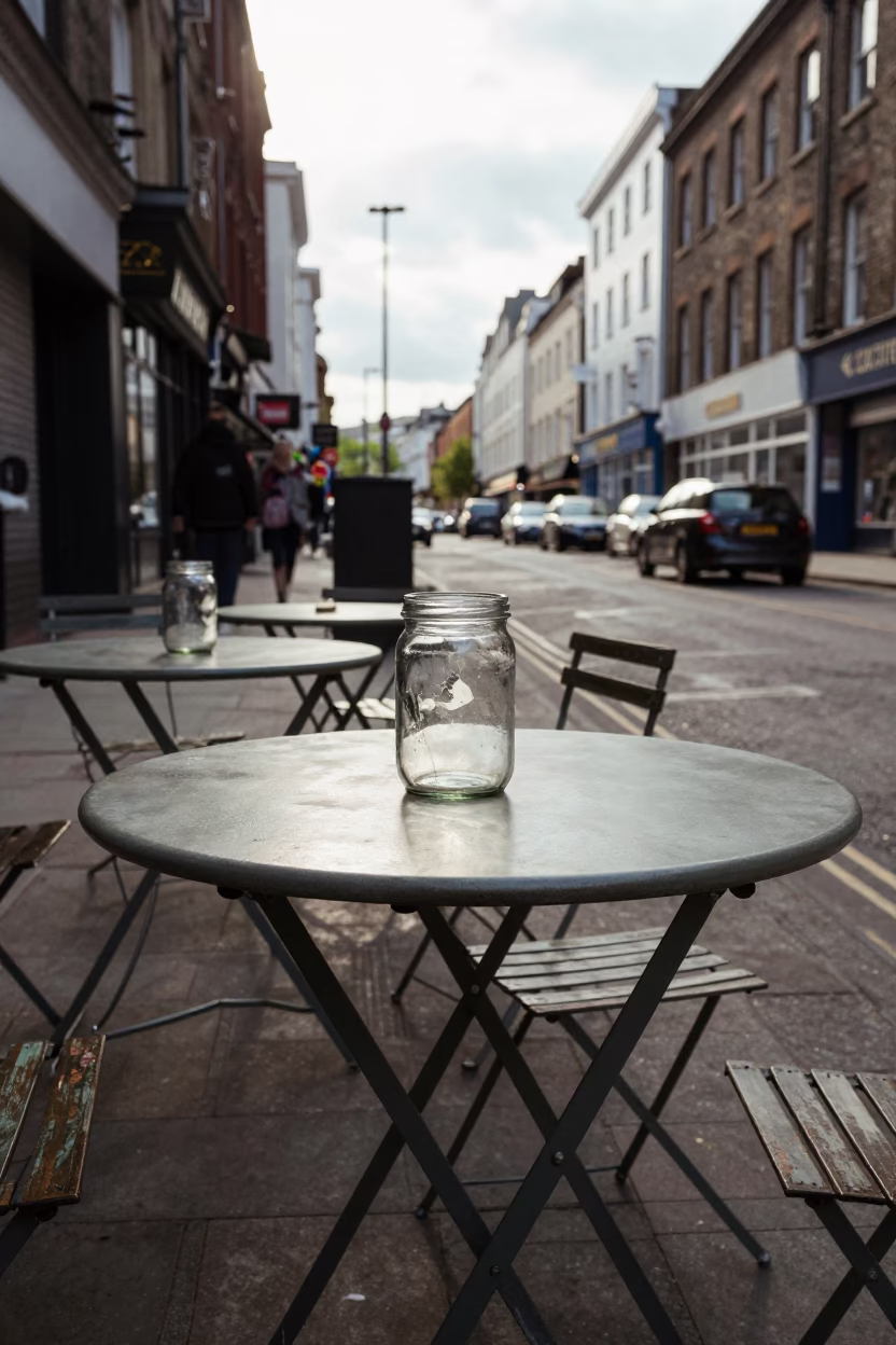 Vintage Liverpool Street Scene with Folding Tables and Glass Jars in Early Afternoon Light in in Liverpool, United Kingdom