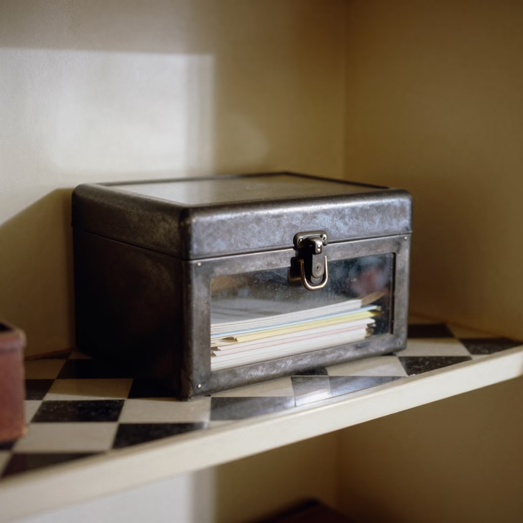 Vintage Lockbox on Checkered Shelf in on a hotel dresser in Bhopal