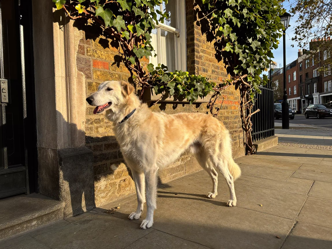 Vintage London Afternoon Street Scene with Ibizan Hound and Ivy Vines in in London, United Kingdom