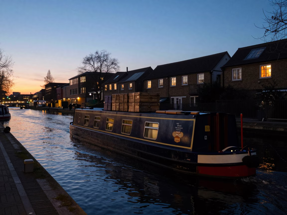 Vintage London Canal Barge at Dusk with Cargo and City Lights in in London, United Kingdom