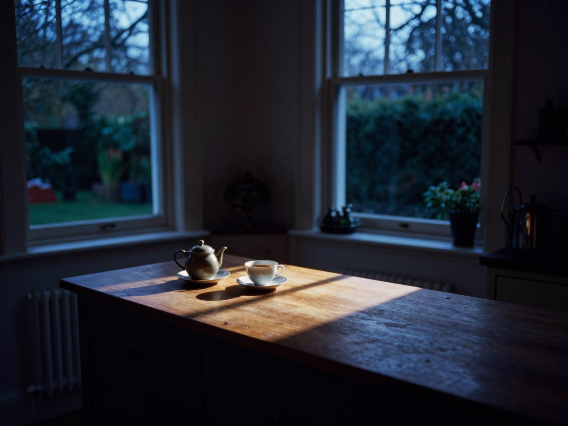 Vintage London Kitchen Evening with Moss Garden and Tea Towels in in London, United Kingdom