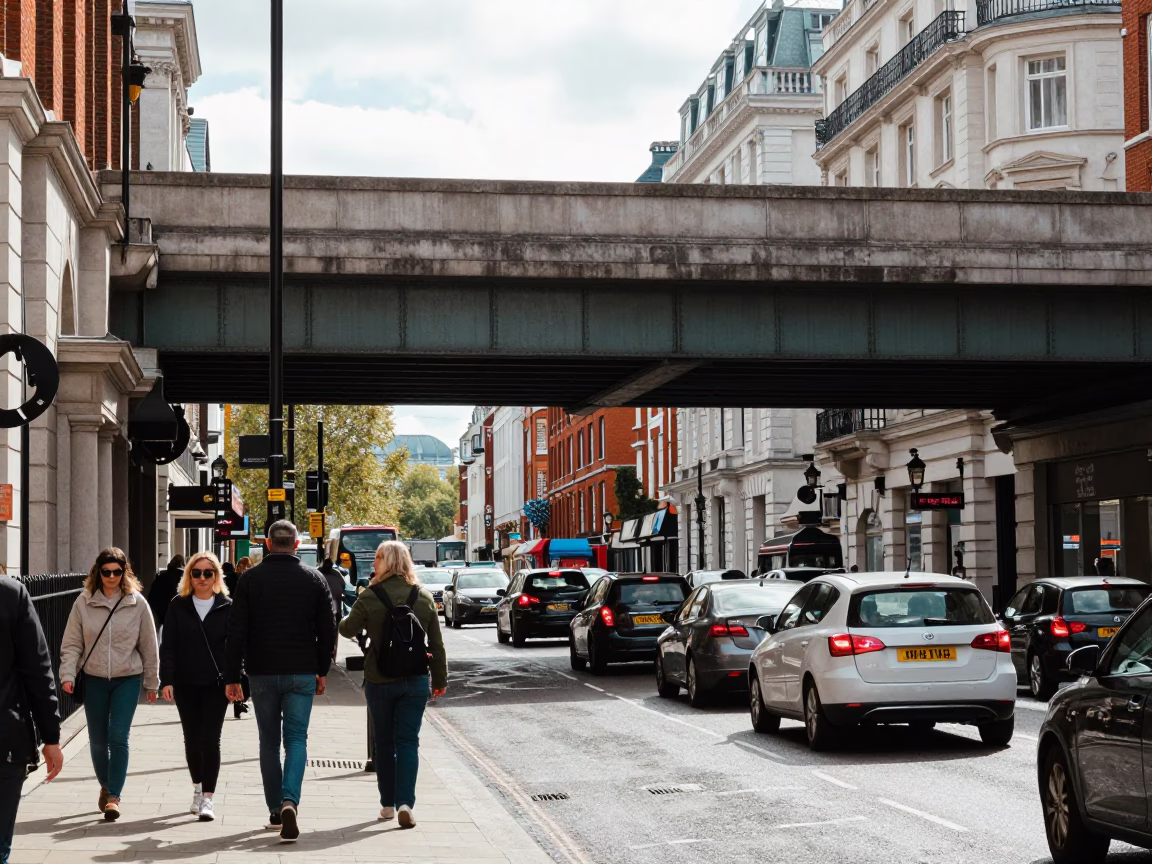 Vintage London Midday Street Scene with Overpass and Commuter Details in in London, United Kingdom
