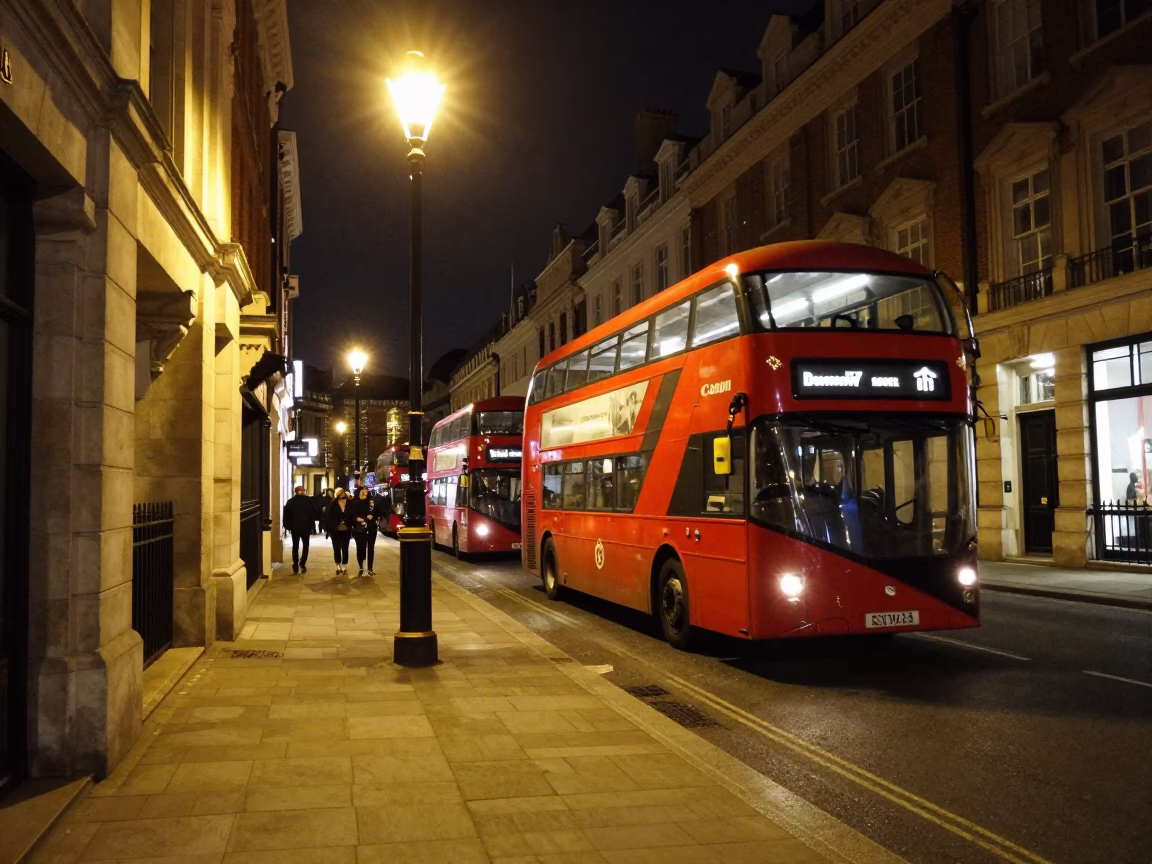 Vintage London Night Street Scene with Red Bus and Cobblestone Alley in in London, United Kingdom
