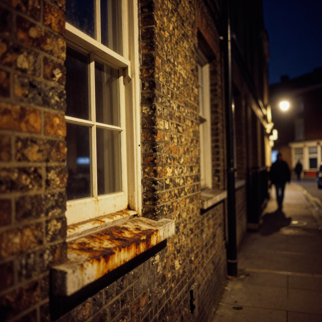 Vintage London Night Street Scene with Rusty Window Sill and Tea Infuser in in London, United Kingdom