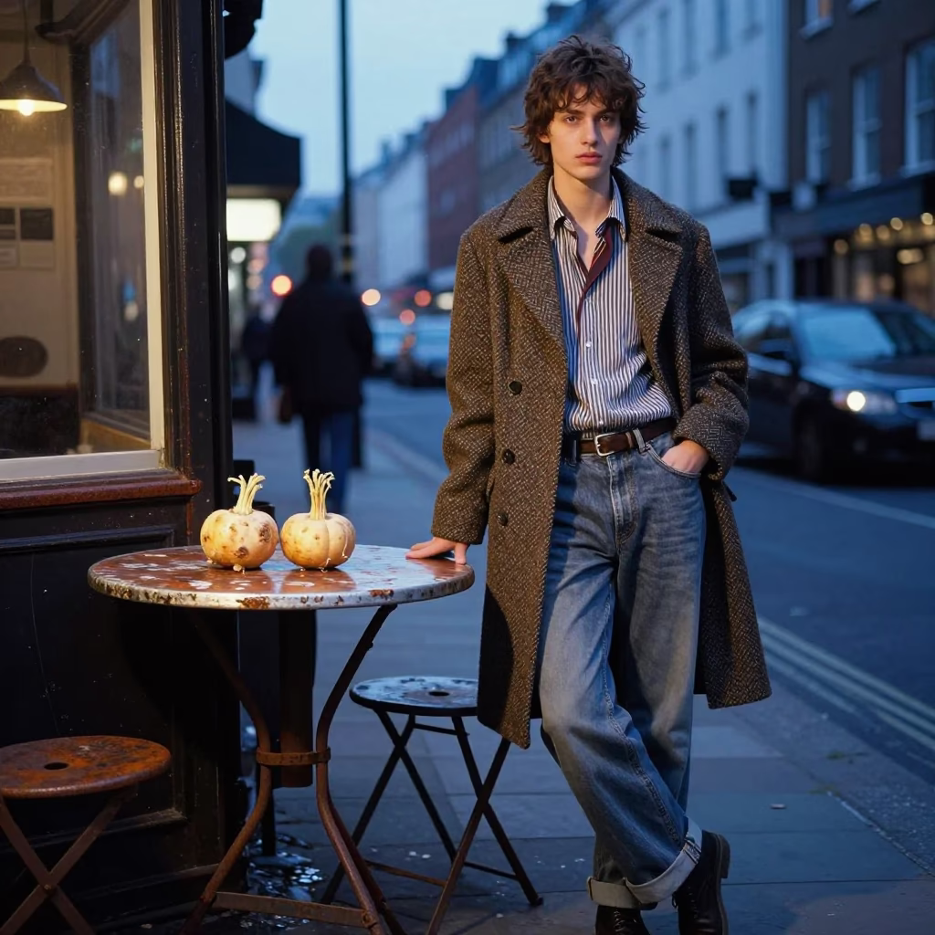Vintage London Street Fashion Portrait with Turnips and Rusty Table at Blue Hour in in London, United Kingdom