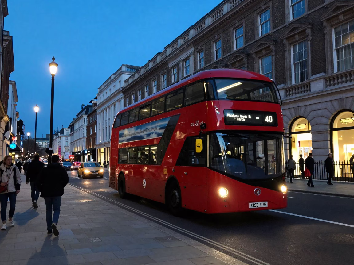 Vintage London Street Scene at Blue Hour with Classic Red Bus and Brick Buildings in in London, United Kingdom