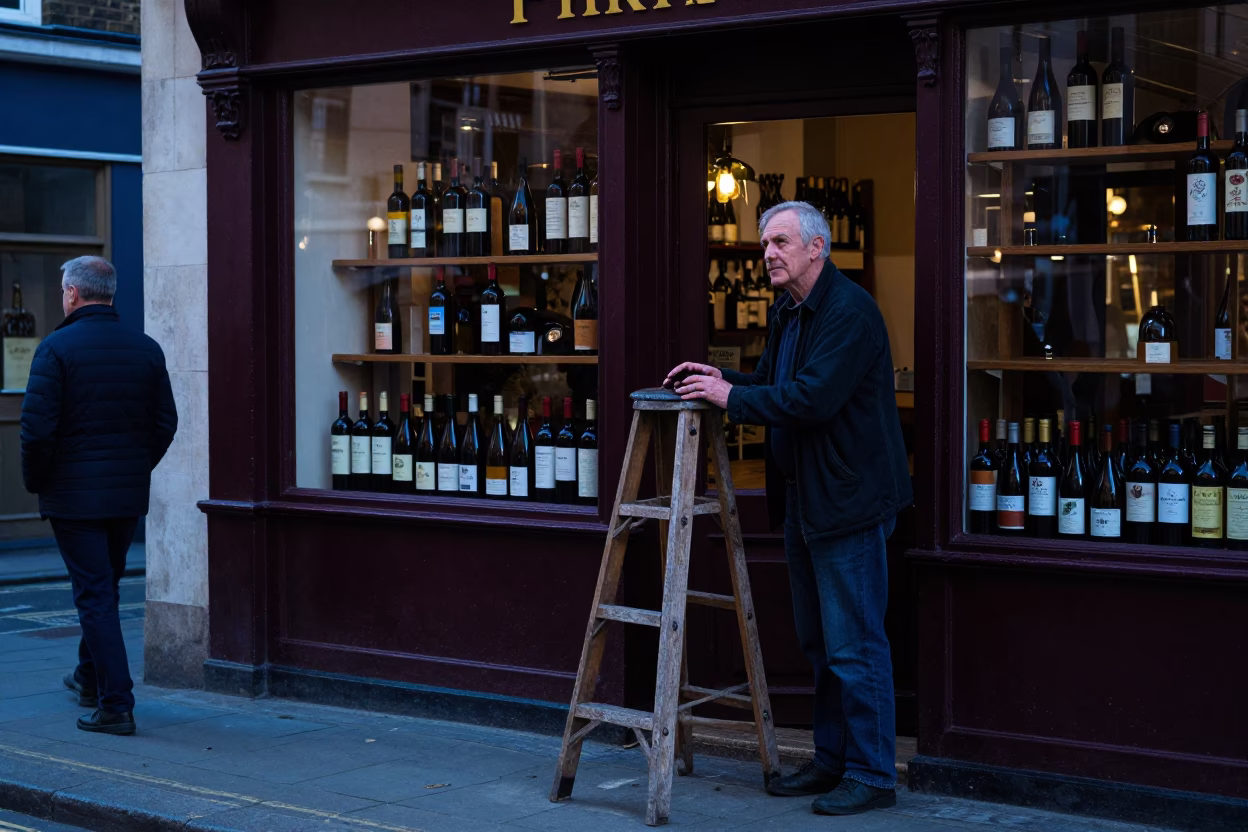 Vintage London Street Scene at Dusk with Shopkeeper and Handwritten Notes in in London, United Kingdom