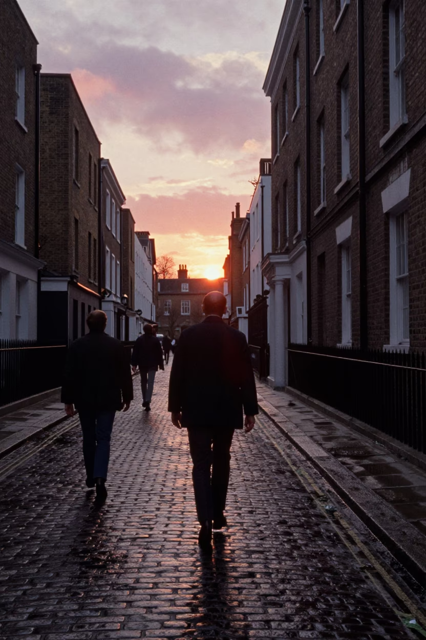 Vintage London Street Scene at Dusk with Tea Stains and Concrete Details in in London, United Kingdom