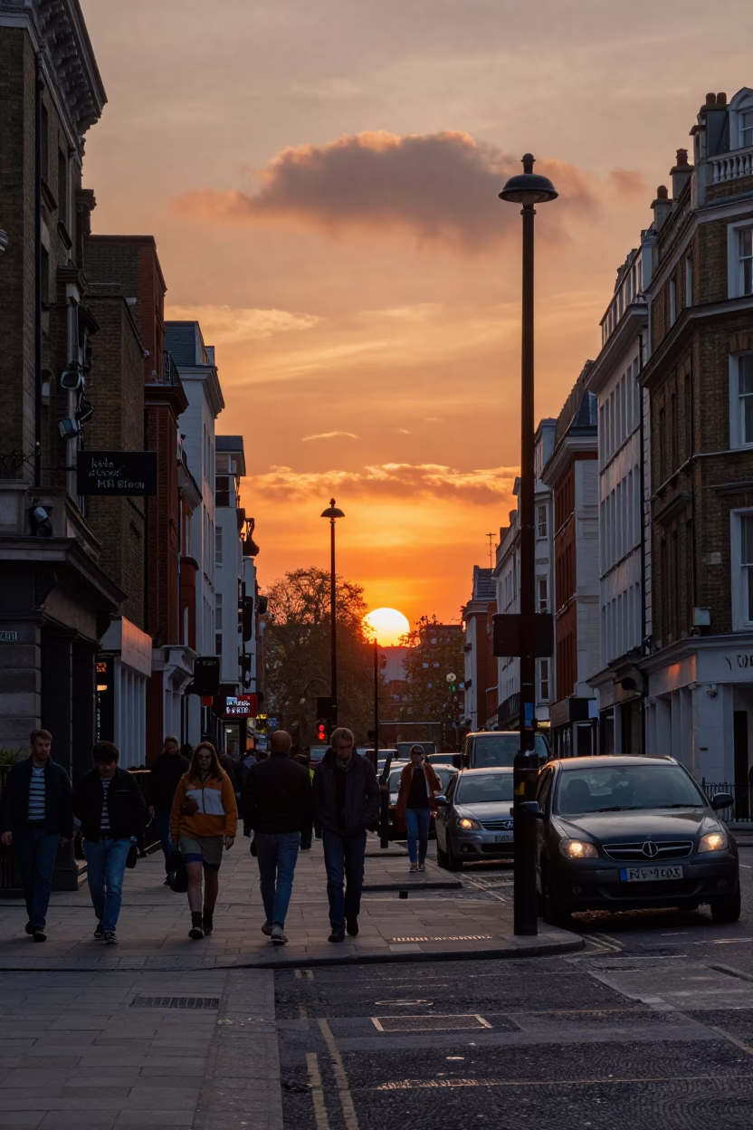 Vintage London Street Scene at Dusk with Urban Decay and Everyday Objects in in London, United Kingdom