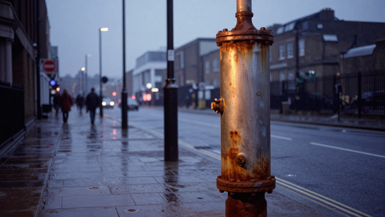 Vintage London Street Scene at Nautical Dawn with Industrial Pipeline and Urban Decay in in London, United Kingdom