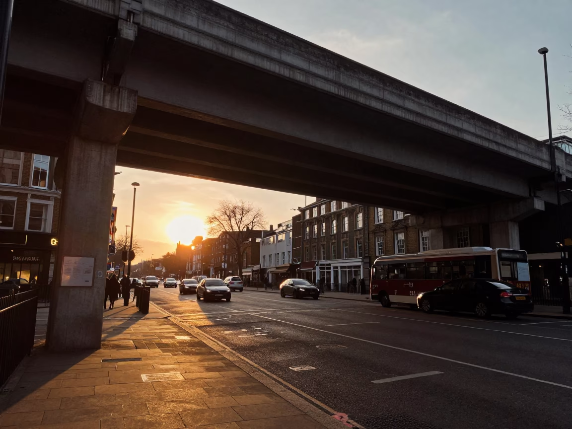 Vintage London Street Scene at Sunset with Flyover Shadows and Urban Life in in London, United Kingdom