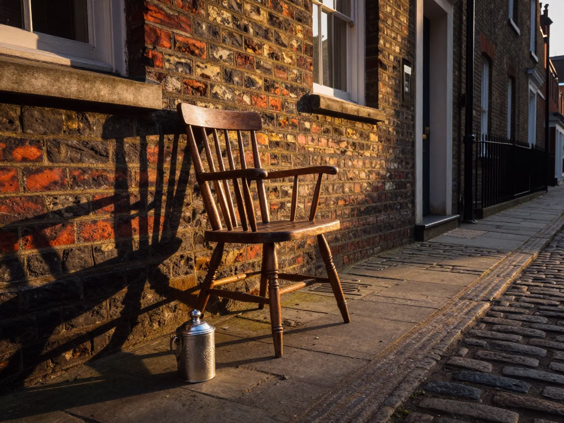 Vintage London Street Scene at Sunset with Spindle Chair and Tiffin Tin in in London, United Kingdom